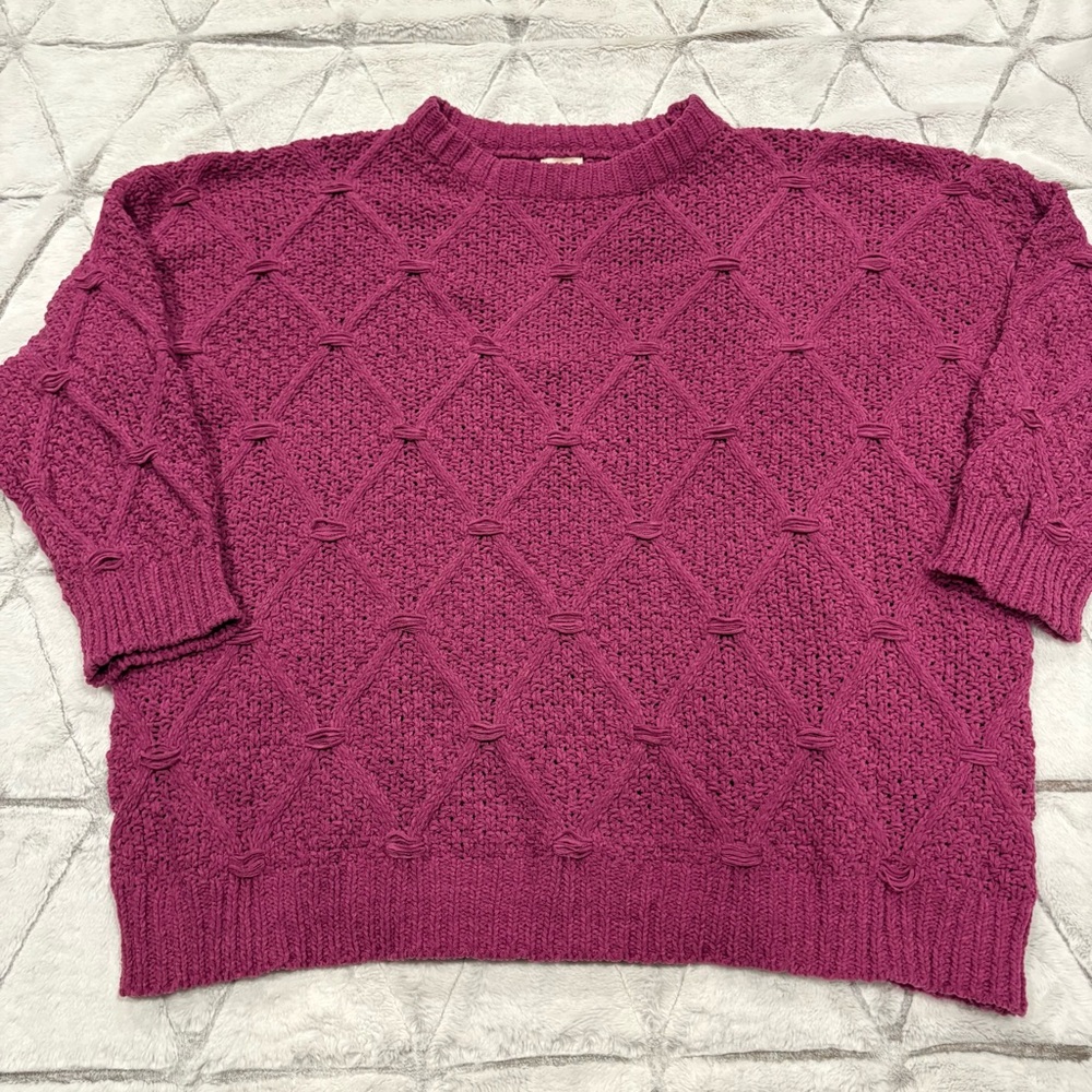 POL Chenille Cable Knit Purple Oversize Sweater Sz L 3/4 Sleeve Cozy Soft Womens